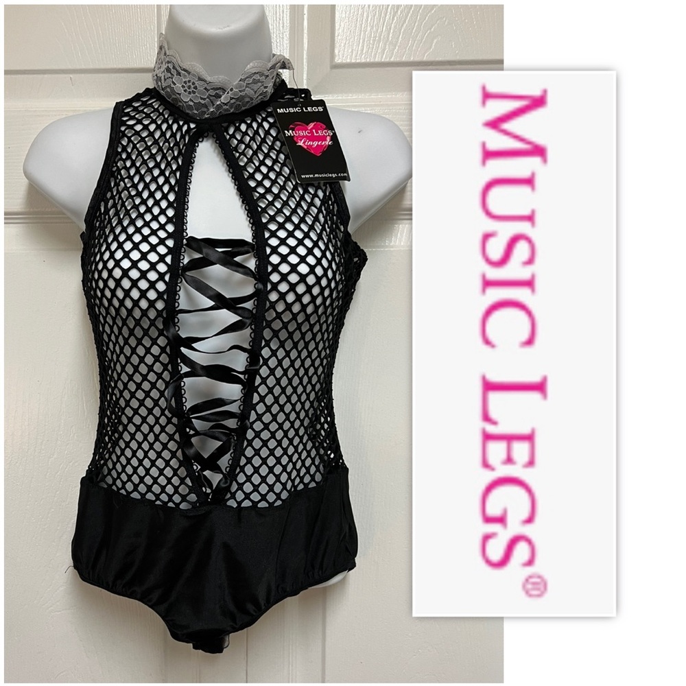Music Legs Black Mesh Criss Cross Ribboned Plunging Keyhole Bodysuit